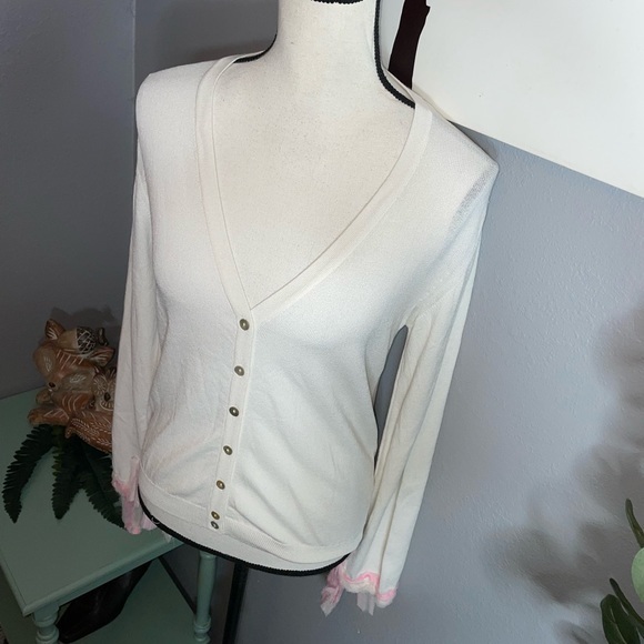 Tiki Tirawa size 1 M L Bone Pink Frayed Trim Cardigan Button Sweater 🏷 - Picture 2 of 15